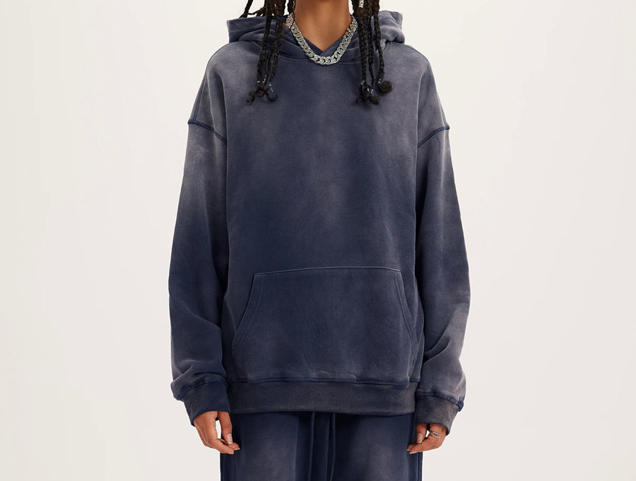 Long Sided Black Pattern Unisex Super Heavy Sun Faded Hoodie