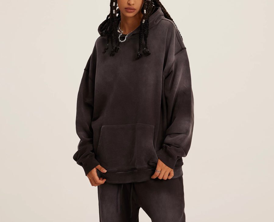 Long Sided Black Pattern Unisex Super Heavy Sun Faded Hoodie