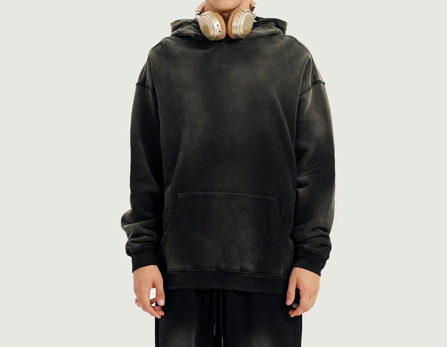 Long Sided Black Pattern Unisex Super Heavy Sun Faded Hoodie