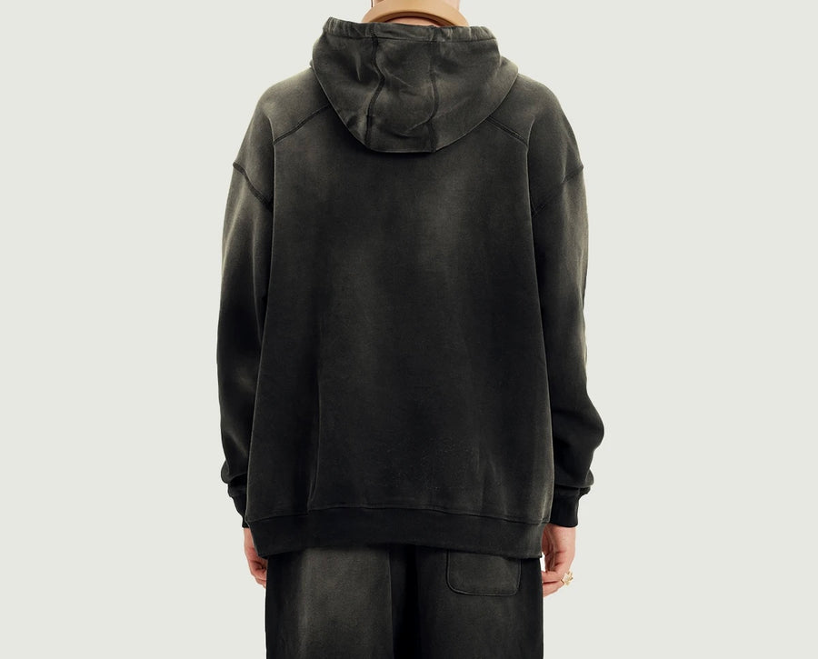 Long Sided Black Pattern Unisex Super Heavy Sun Faded Hoodie