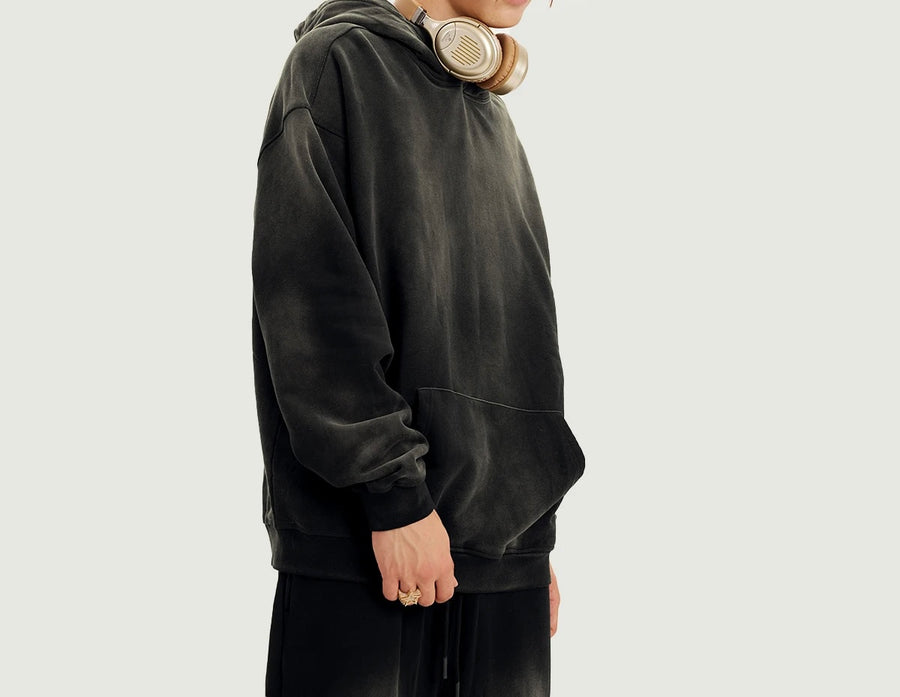 Long Sided Black Pattern Unisex Super Heavy Sun Faded Hoodie