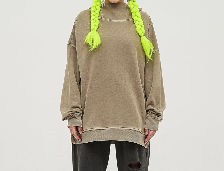 White Pattern 183 Unisex Washed Slit Hem Turtle Nick Hoodie