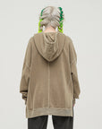 Beige long Sided Pattern Unisex Washed Slit Hem Turtleneck Hoodie