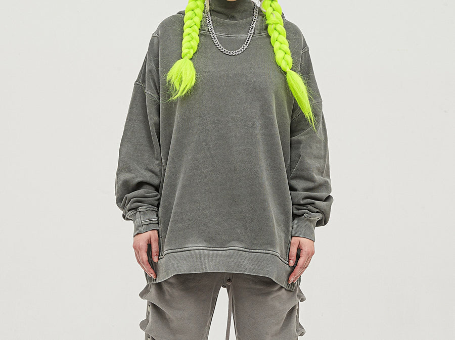 White Pattern 183 Unisex Washed Slit Hem Turtle Nick Hoodie